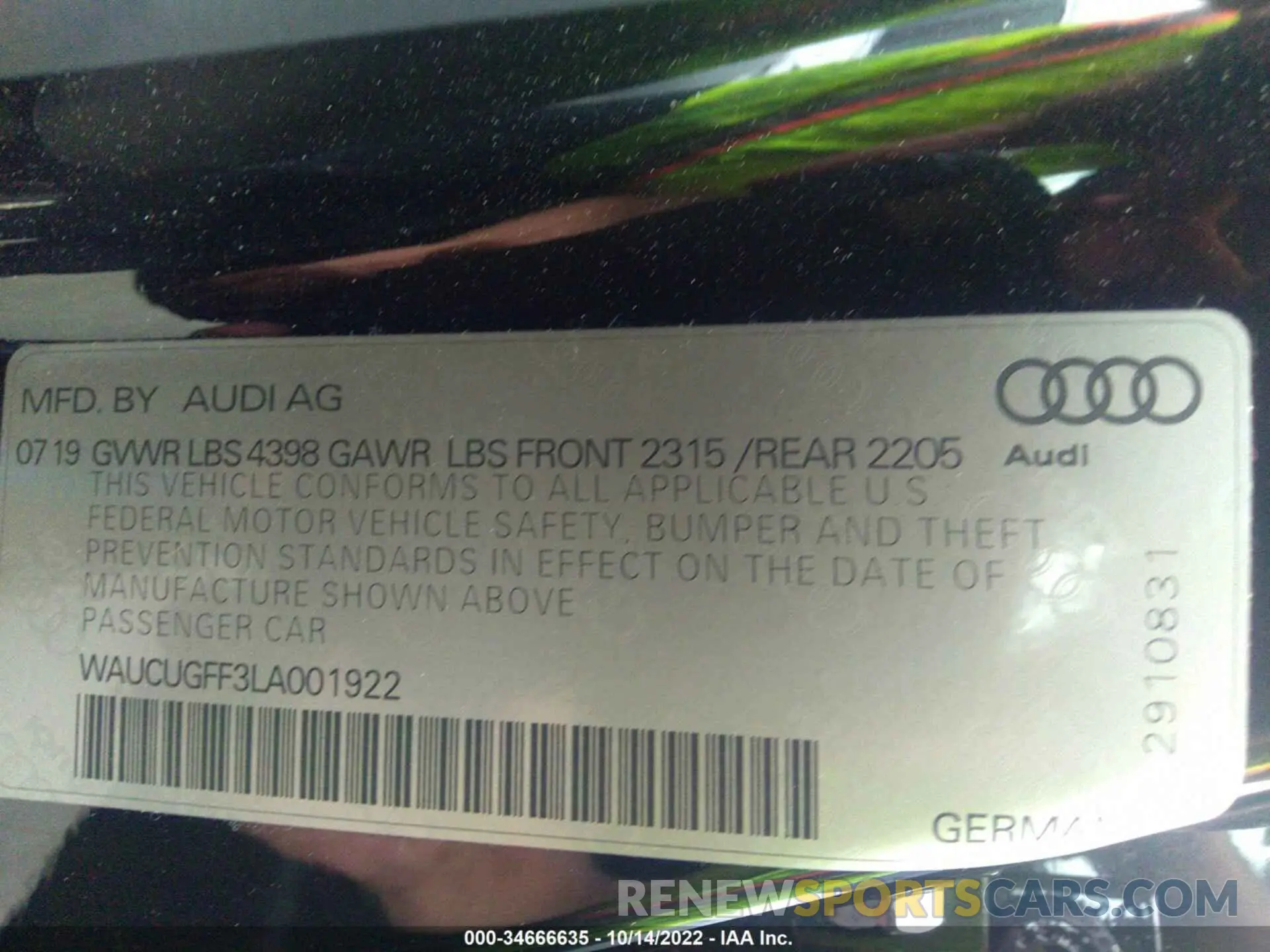 8 fotografías del automóvil dañado WAUCUGFF3LA001922 AUDI A3 SEDAN 2020