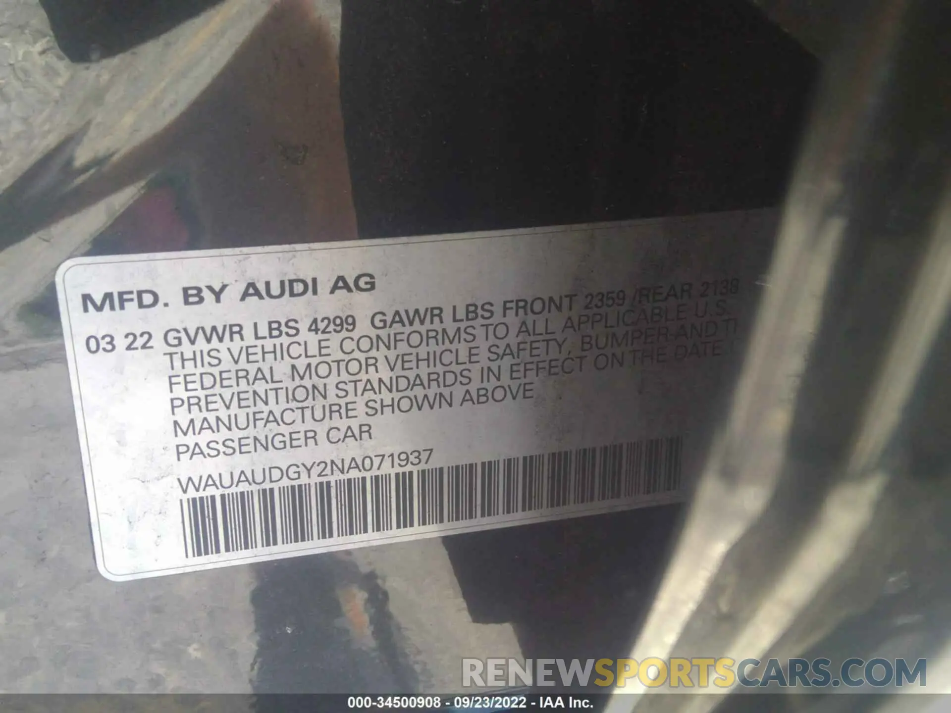 9 fotografías del automóvil dañado WAUAUDGY2NA071937 AUDI A3 SEDAN 2022