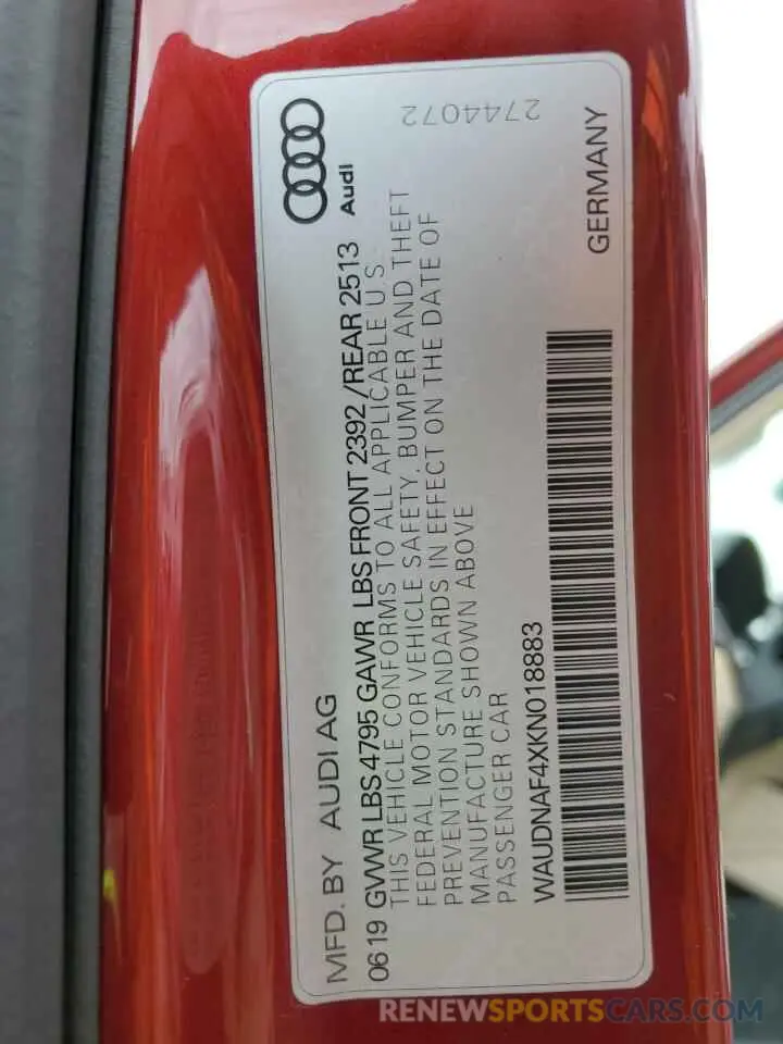 13 fotografías del automóvil dañado WAUDNAF4XKN018883 AUDI A4 2019