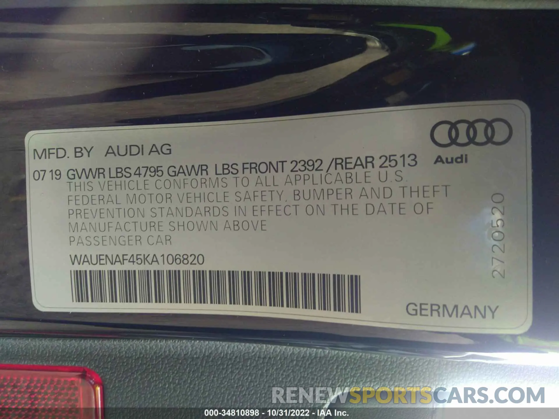 9 fotografías del automóvil dañado WAUENAF45KA106820 AUDI A4 2019