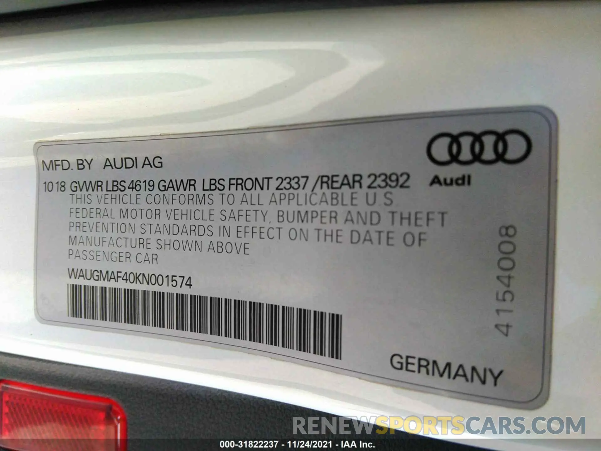 9 fotografías del automóvil dañado WAUGMAF40KN001574 AUDI A4 2019