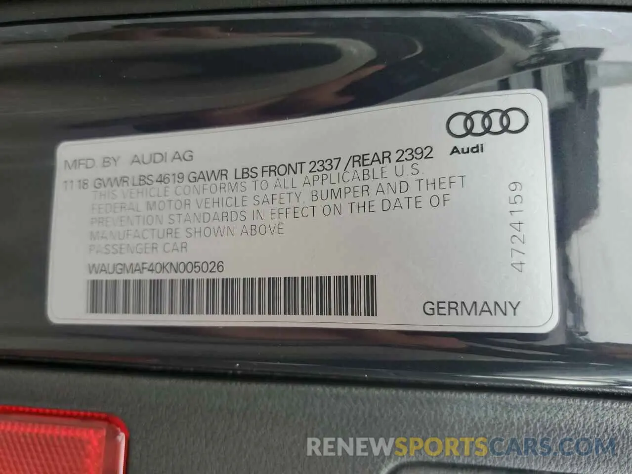 14 fotografías del automóvil dañado WAUGMAF40KN005026 AUDI A4 2019