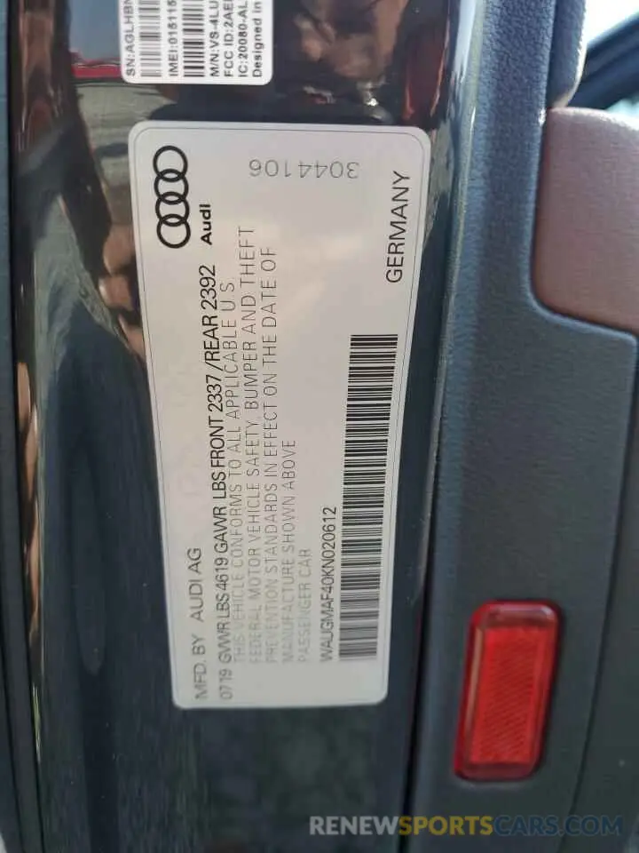 13 fotografías del automóvil dañado WAUGMAF40KN020612 AUDI A4 2019