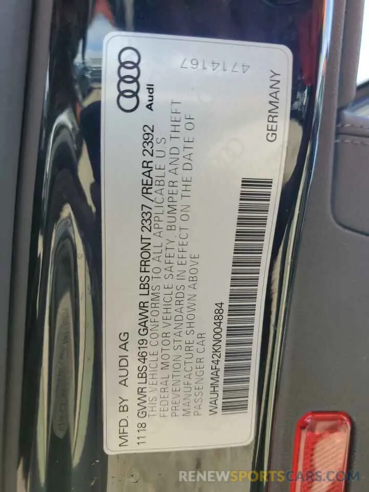 10 fotografías del automóvil dañado WAUHMAF42KN004884 AUDI A4 2019