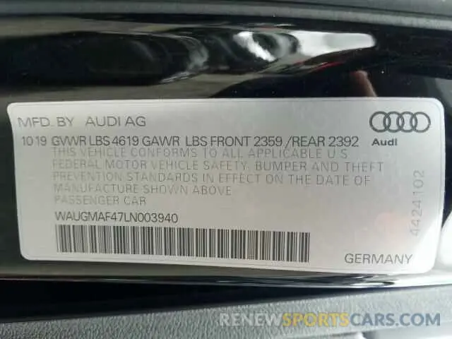 10 fotografías del automóvil dañado WAUGMAF47LN003940 AUDI A4 2020