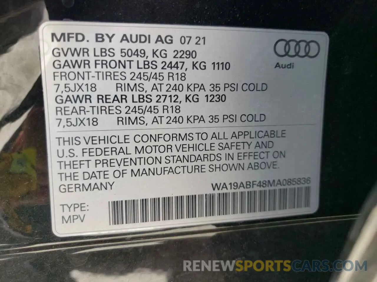 10 fotografías del automóvil dañado WA19ABF48MA085836 AUDI A4 2021