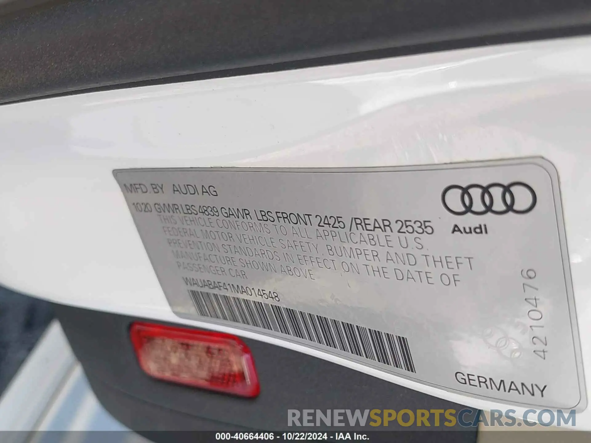 9 fotografías del automóvil dañado WAUABAF41MA014548 AUDI A4 2021