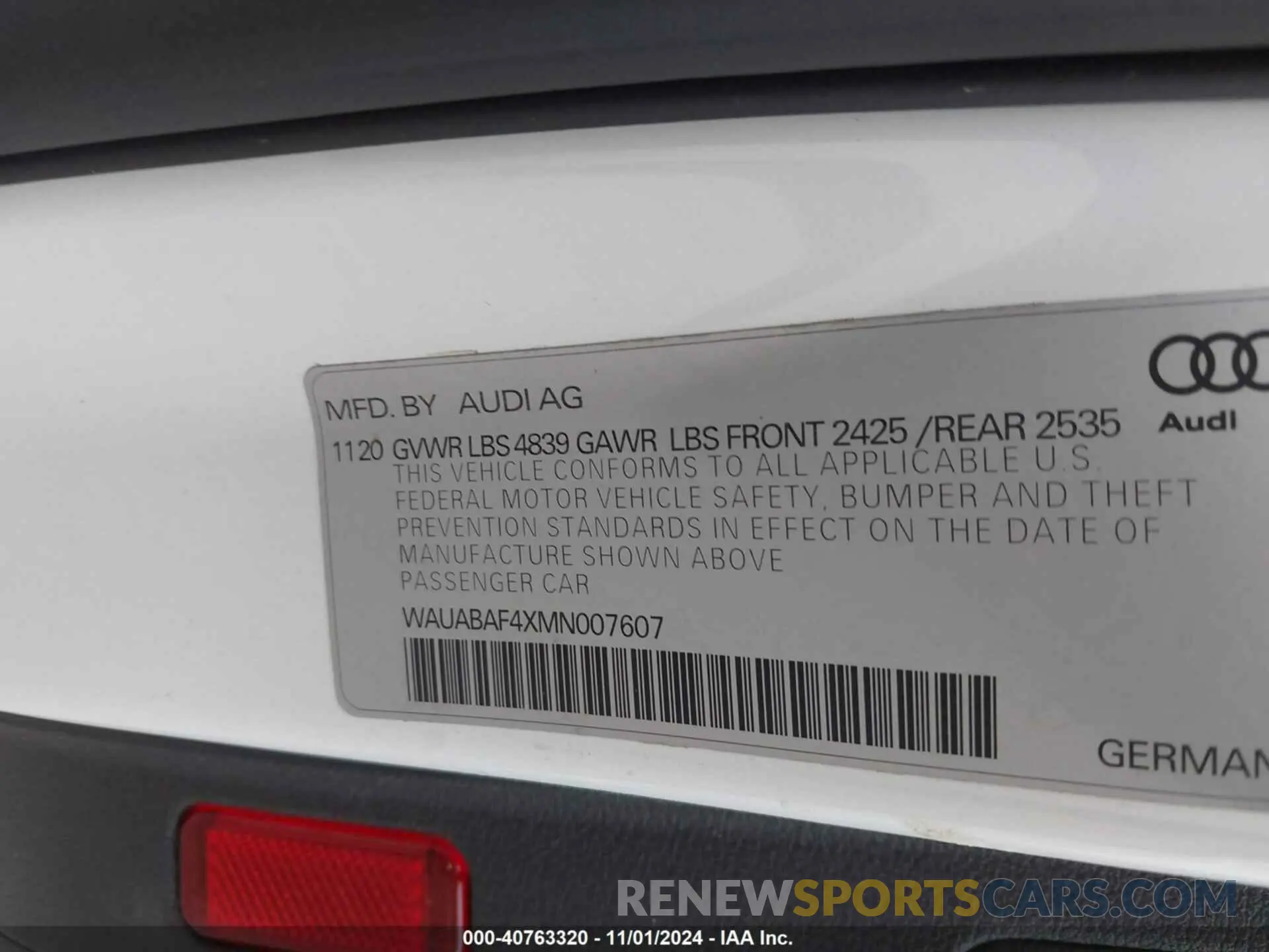9 fotografías del automóvil dañado WAUABAF4XMN007607 AUDI A4 2021