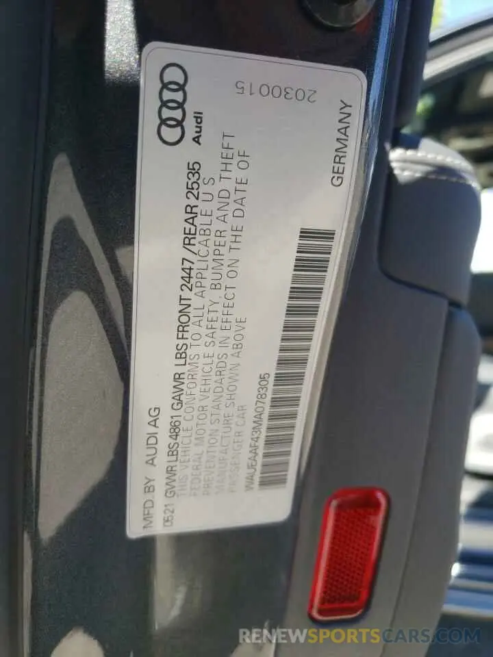 10 fotografías del automóvil dañado WAUEAAF43MA078305 AUDI A4 2021