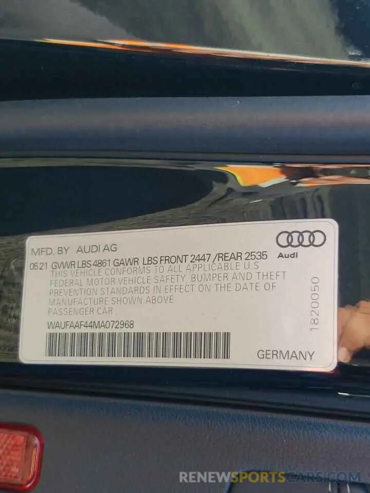 10 fotografías del automóvil dañado WAUFAAF44MA072968 AUDI A4 2021