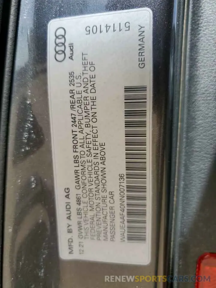 12 fotografías del automóvil dañado WAUEAAF40NN007136 AUDI A4 2022