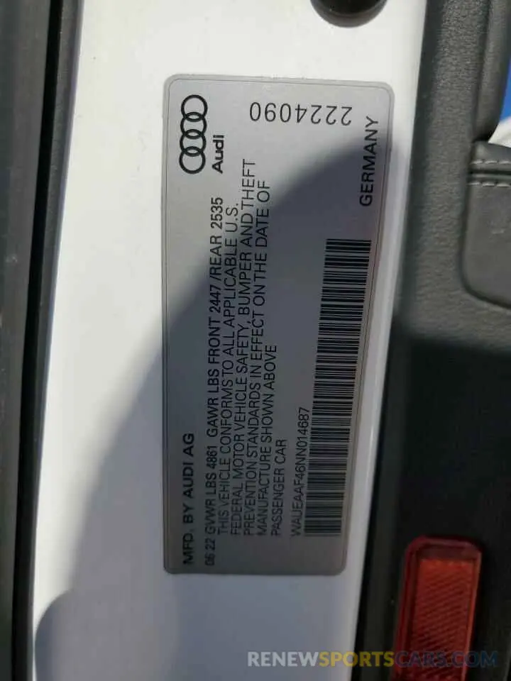 14 fotografías del automóvil dañado WAUEAAF46NN014687 AUDI A4 2022