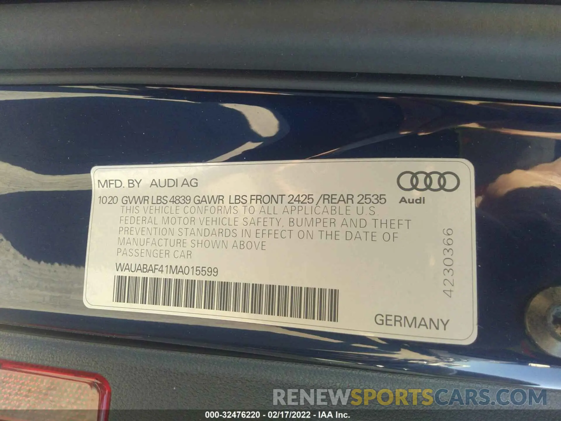 9 fotografías del automóvil dañado WAUABAF41MA015599 AUDI A4 SEDAN 2021