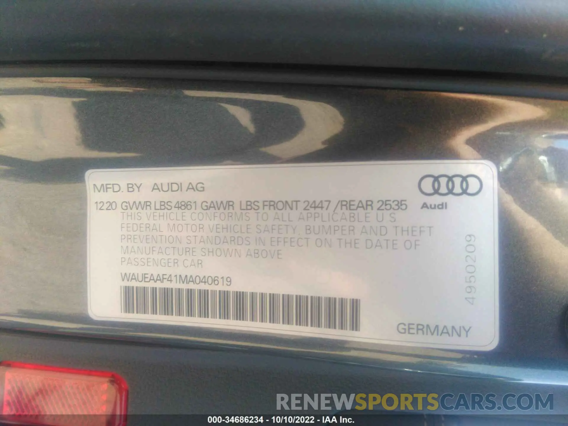 9 fotografías del automóvil dañado WAUEAAF41MA040619 AUDI A4 SEDAN 2021