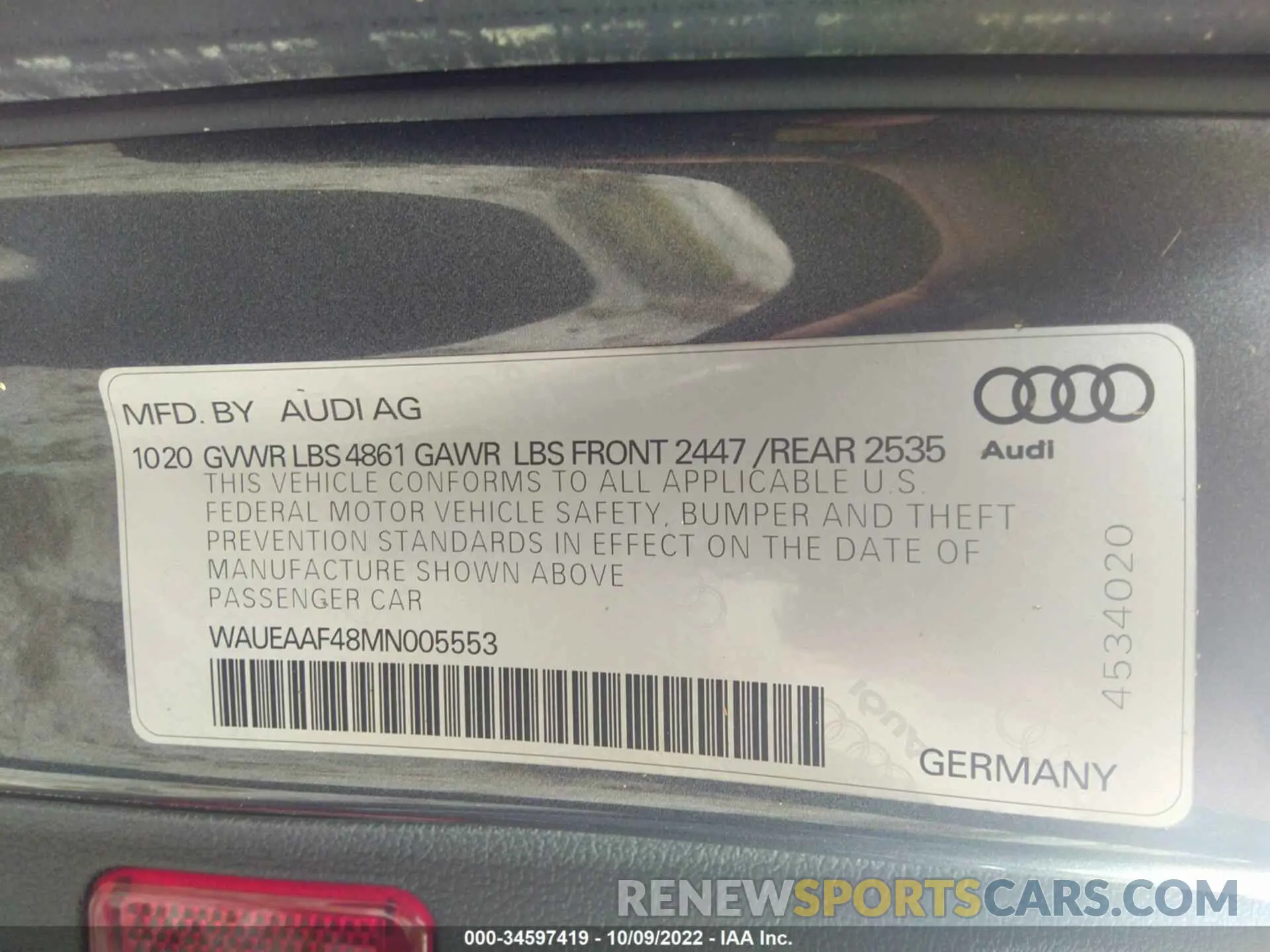 9 fotografías del automóvil dañado WAUEAAF48MN005553 AUDI A4 SEDAN 2021