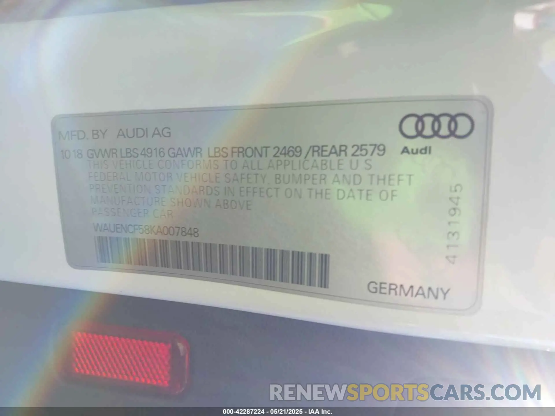 9 fotografías del automóvil dañado WAUENCF58KA007848 AUDI A5 2019