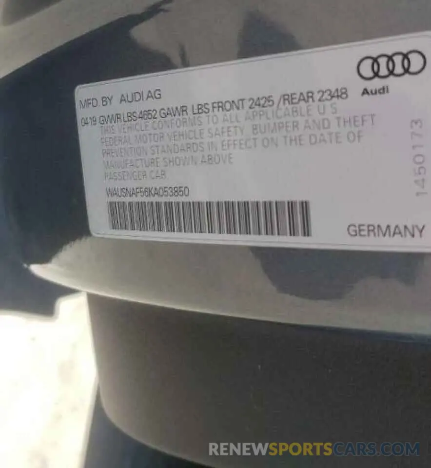 10 fotografías del automóvil dañado WAUSNAF56KA053850 AUDI A5 2019
