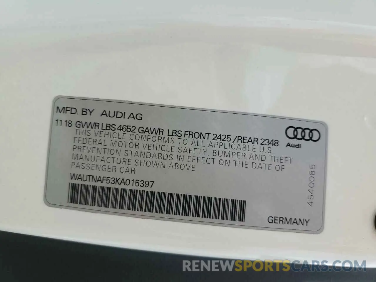 10 fotografías del automóvil dañado WAUTNAF53KA015397 AUDI A5 2019