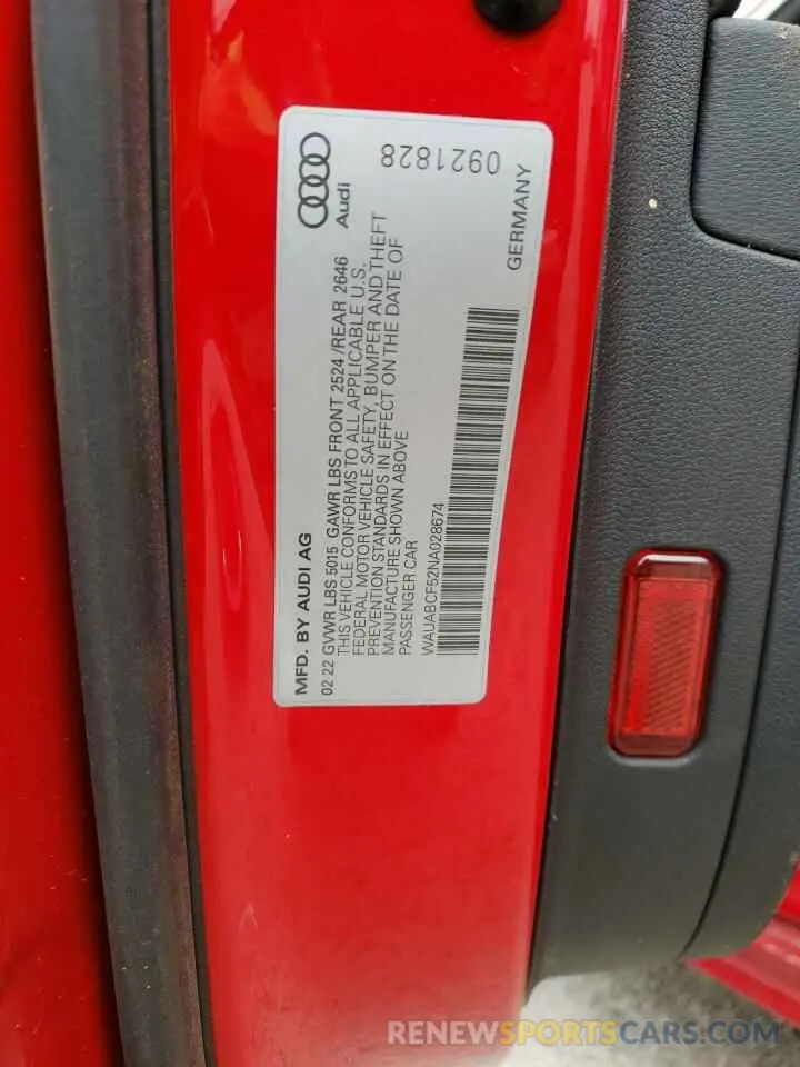 12 fotografías del automóvil dañado WAUABCF52NA028674 AUDI A5 2022