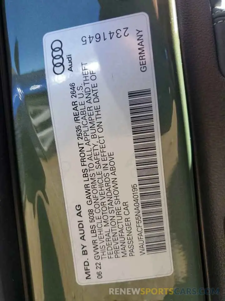 12 fotografías del automóvil dañado WAUFACF55NA040195 AUDI A5 2022