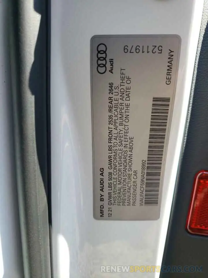 10 fotografías del automóvil dañado WAUFACF59NA018992 AUDI A5 2022