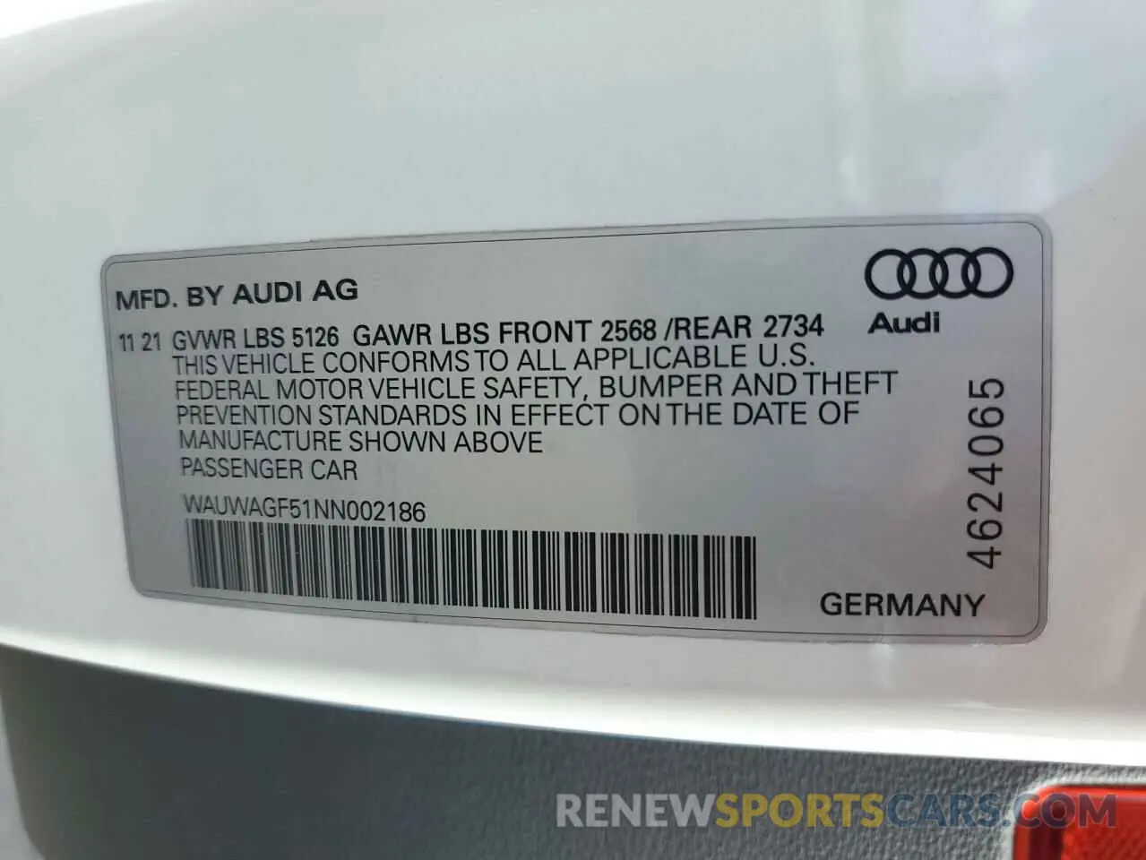 10 fotografías del automóvil dañado WAUWAGF51NN002186 AUDI A5 2022