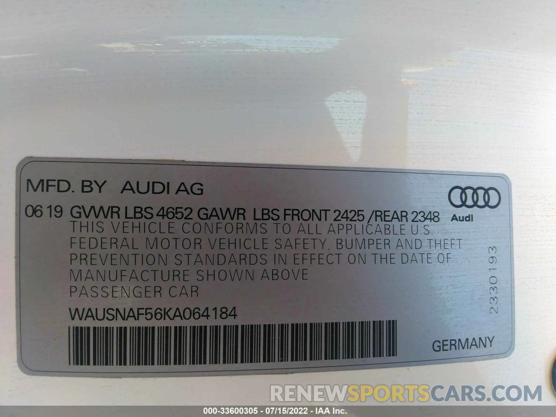 9 fotografías del automóvil dañado WAUSNAF56KA064184 AUDI A5 COUPE 2019