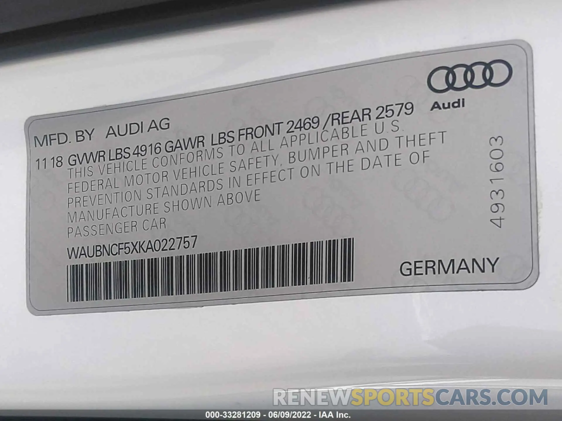 9 fotografías del automóvil dañado WAUBNCF5XKA022757 AUDI A5 SPORTBACK 2019