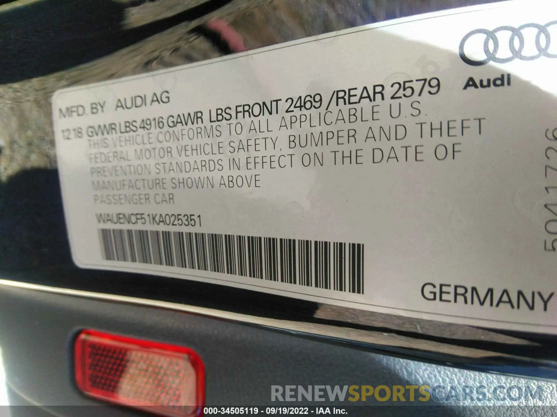 9 fotografías del automóvil dañado WAUENCF51KA025351 AUDI A5 SPORTBACK 2019