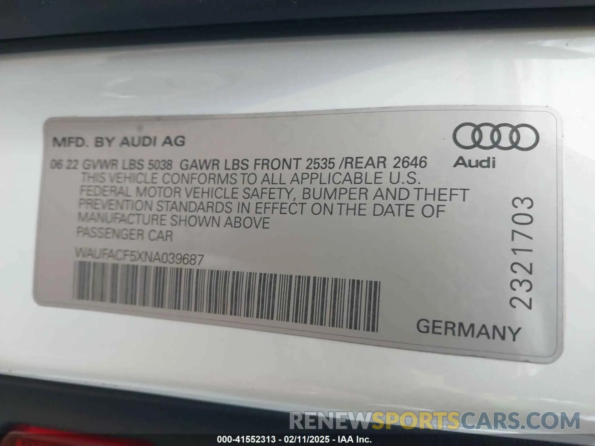 9 fotografías del automóvil dañado WAUFACF5XNA039687 AUDI A5 SPORTBACK 2022