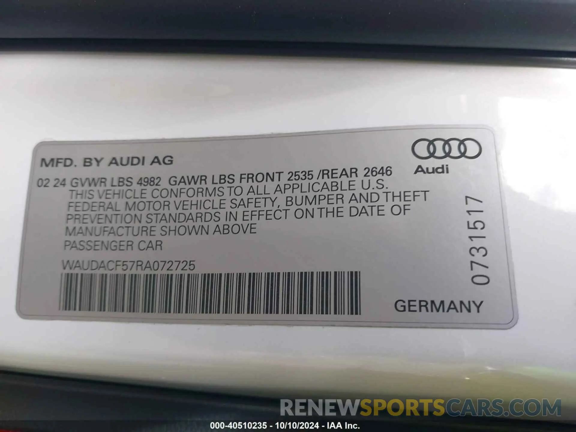 9 fotografías del automóvil dañado WAUDACF57RA072725 AUDI A5 SPORTBACK 2024
