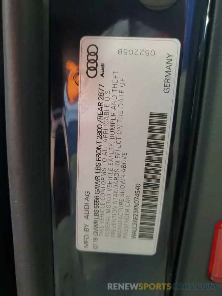 12 fotografías del automóvil dañado WAUL2AF23KN074540 AUDI A6 2019