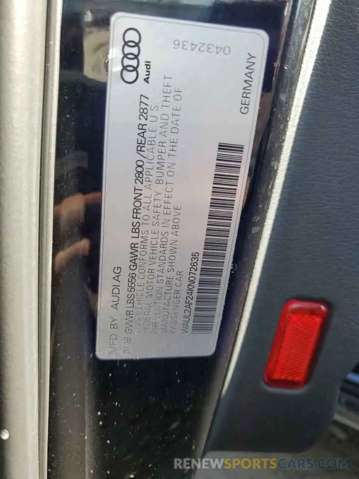 12 fotografías del automóvil dañado WAUL2AF24KN072635 AUDI A6 2019