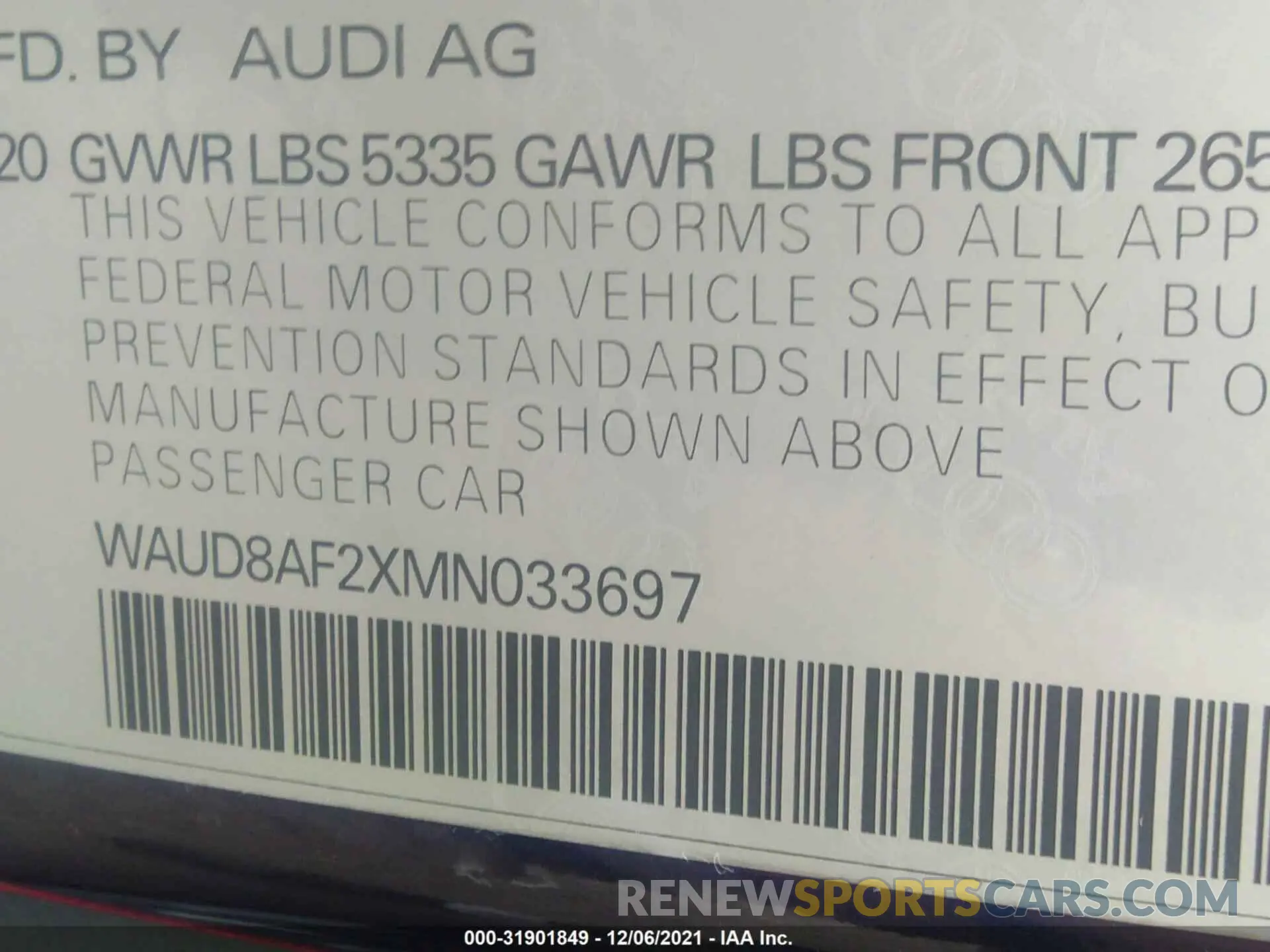 9 fotografías del automóvil dañado WAUD8AF2XMN033697 AUDI A6 2021