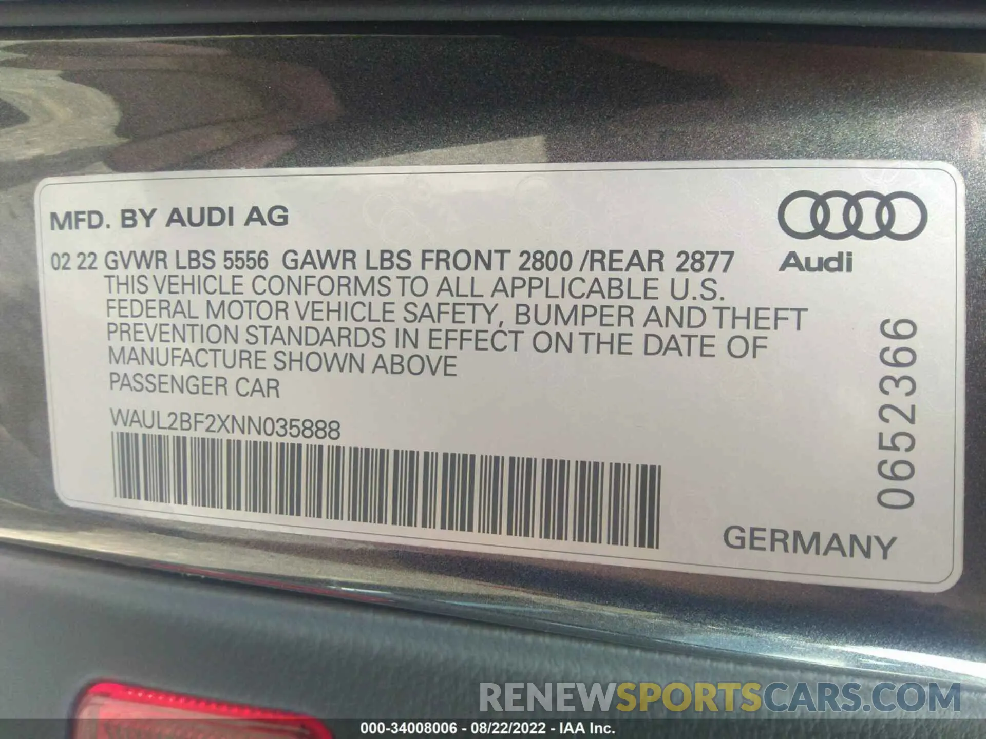 9 fotografías del automóvil dañado WAUL2BF2XNN035888 AUDI A6 2022