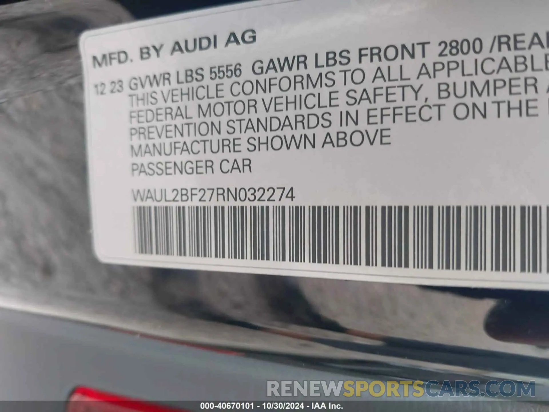 9 fotografías del automóvil dañado WAUL2BF27RN032274 AUDI A6 SEDAN 2024
