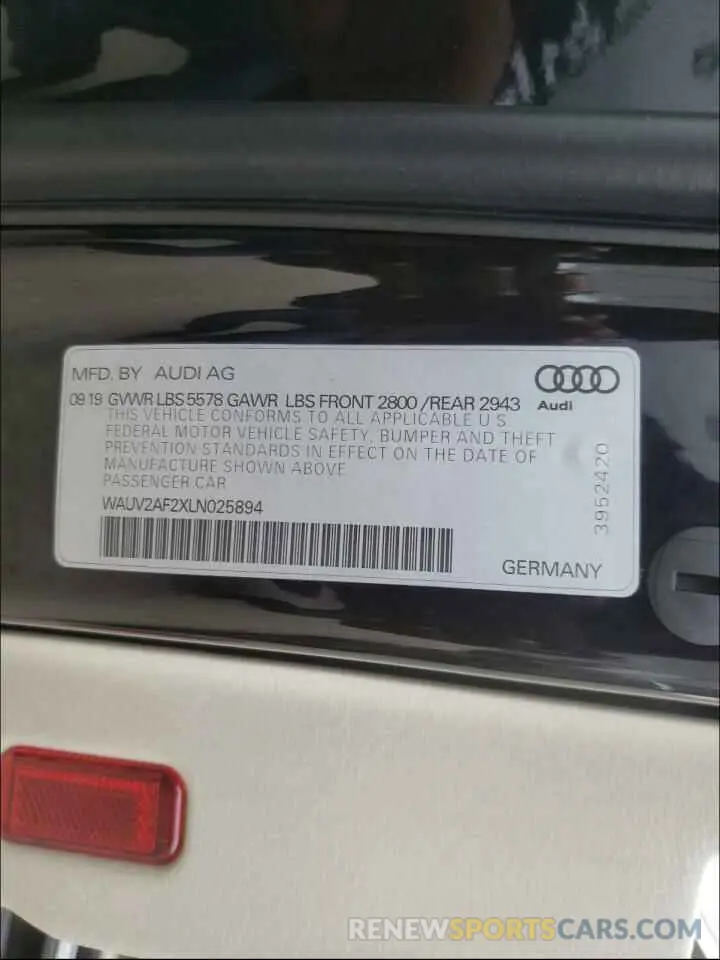10 fotografías del automóvil dañado WAUV2AF2XLN025894 AUDI A7 2020