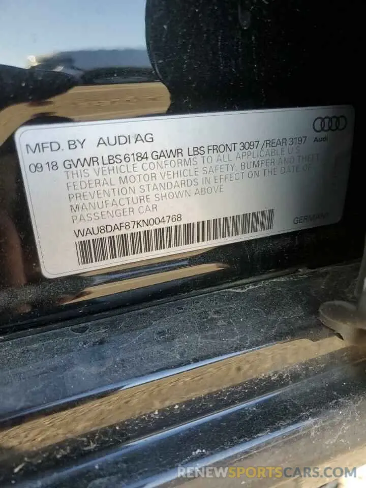 12 fotografías del automóvil dañado WAU8DAF87KN004768 AUDI A8 2019