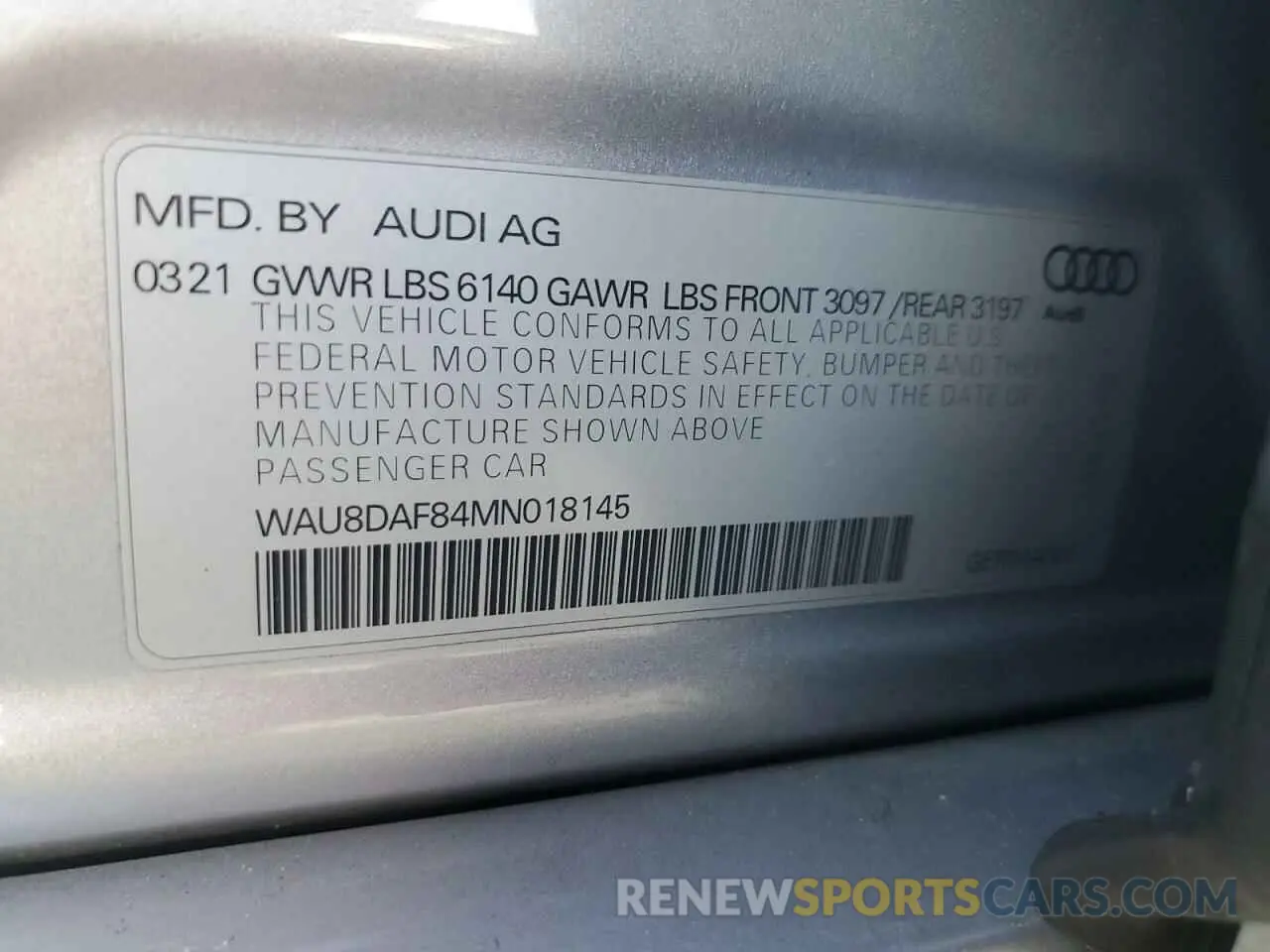 12 fotografías del automóvil dañado WAU8DAF84MN018145 AUDI A8 2021