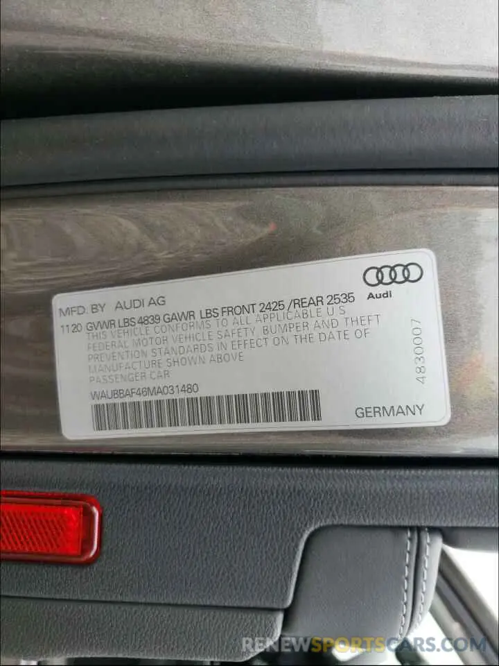 10 fotografías del automóvil dañado WAUBBAF46MA031480 AUDI ALL OTHER 2021