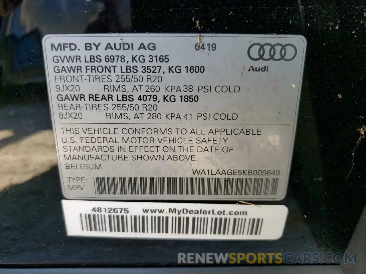 10 fotografías del automóvil dañado WA1LAAGE5KB009649 AUDI E-TRON 2019