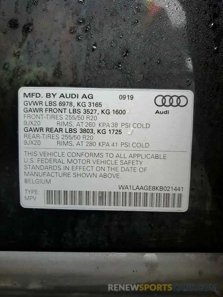 13 fotografías del automóvil dañado WA1LAAGE8KB021441 AUDI E-TRON 2019