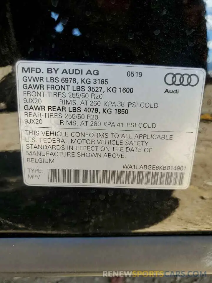 14 fotografías del automóvil dañado WA1LABGE6KB014901 AUDI E-TRON 2019