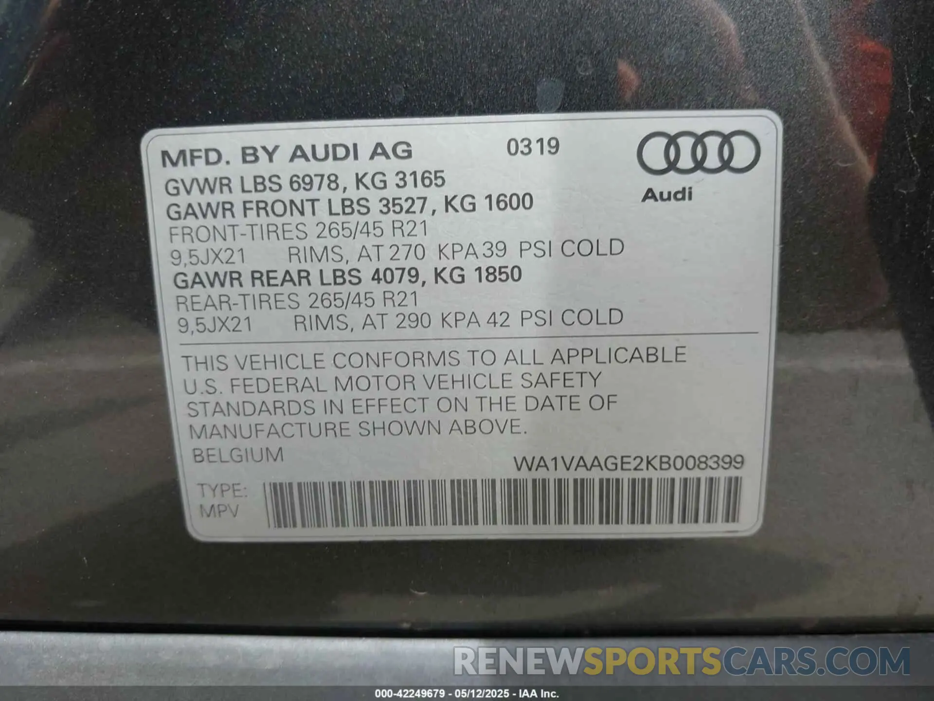 9 fotografías del automóvil dañado WA1VAAGE2KB008399 AUDI E-TRON 2019