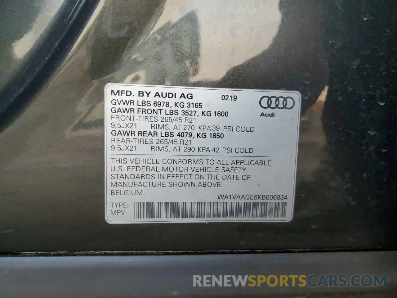 13 fotografías del automóvil dañado WA1VAAGE6KB006834 AUDI E-TRON 2019