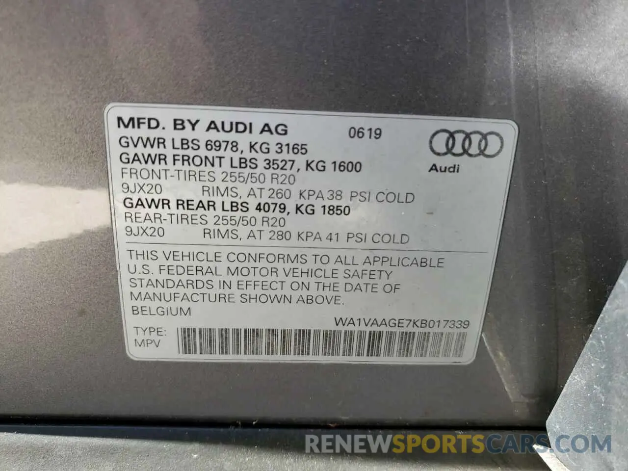 10 fotografías del automóvil dañado WA1VAAGE7KB017339 AUDI E-TRON 2019