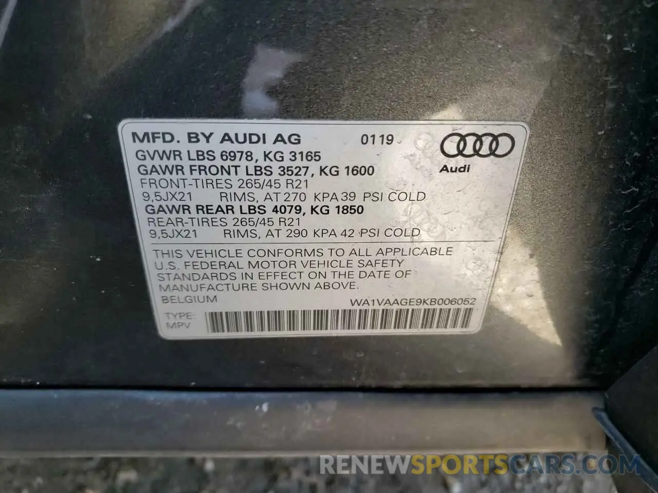 10 fotografías del automóvil dañado WA1VAAGE9KB006052 AUDI E-TRON 2019