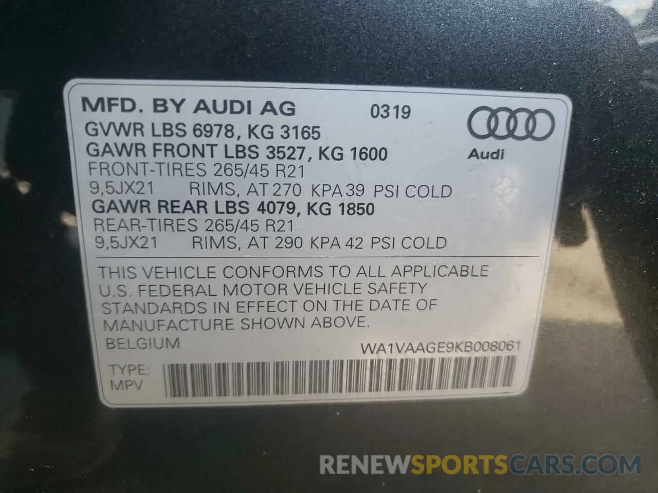10 fotografías del automóvil dañado WA1VAAGE9KB008061 AUDI E-TRON 2019