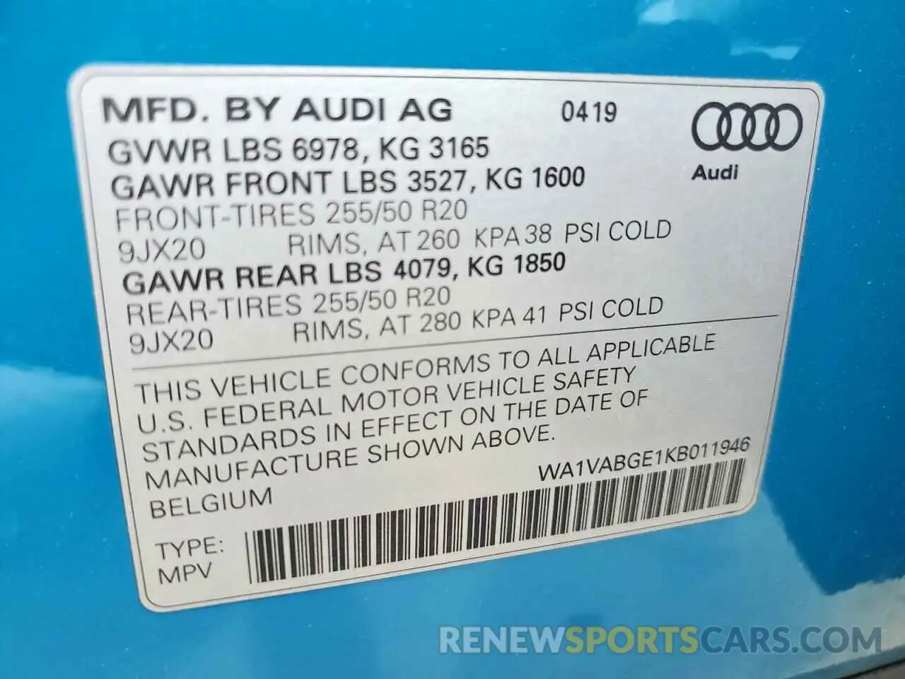 14 fotografías del automóvil dañado WA1VABGE1KB011946 AUDI E-TRON 2019