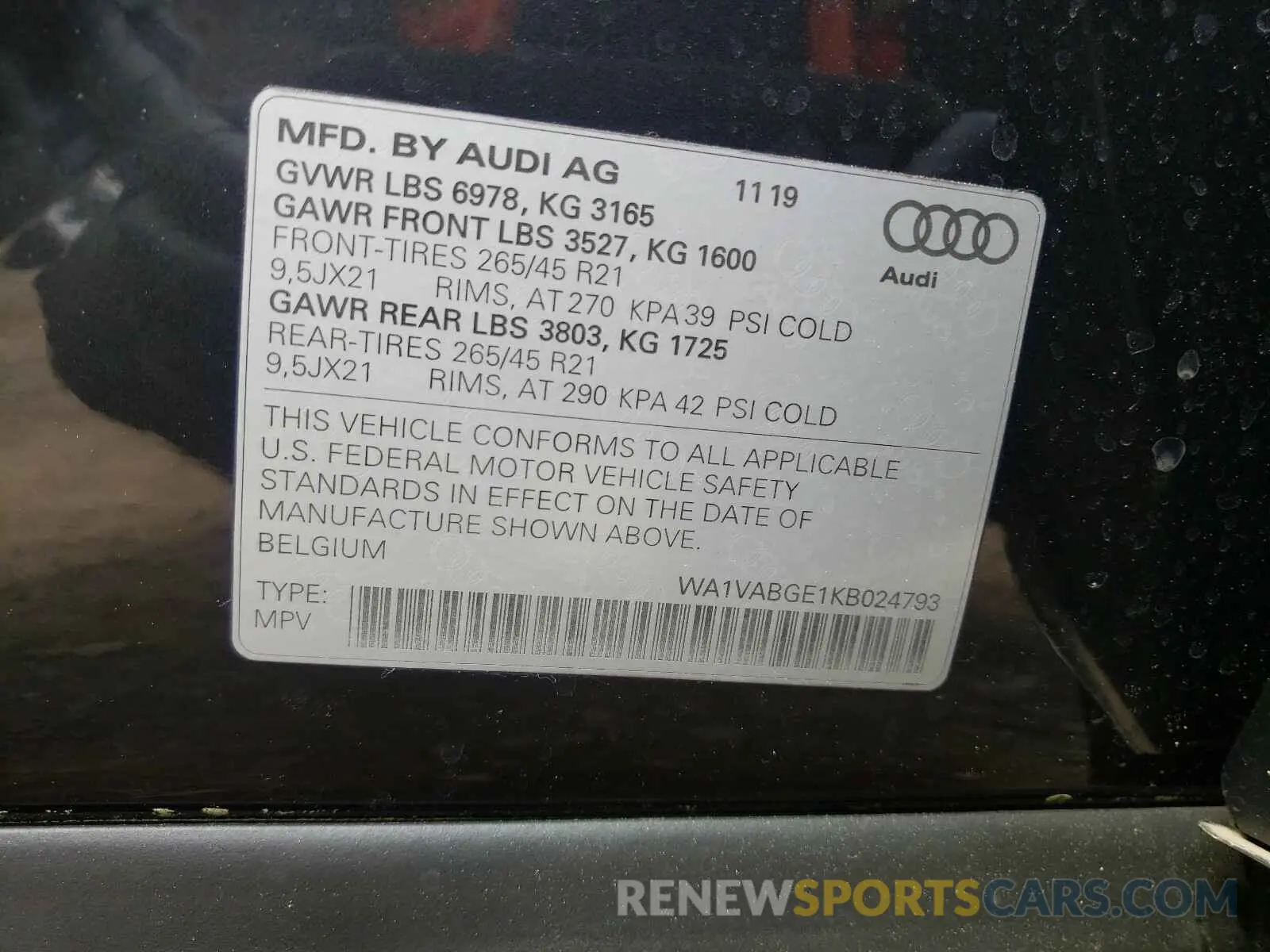 10 fotografías del automóvil dañado WA1VABGE1KB024793 AUDI E-TRON 2019